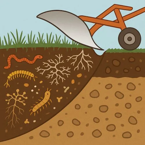 disegno di un aratro con la terra e i microscopici abitanti piu' le radici