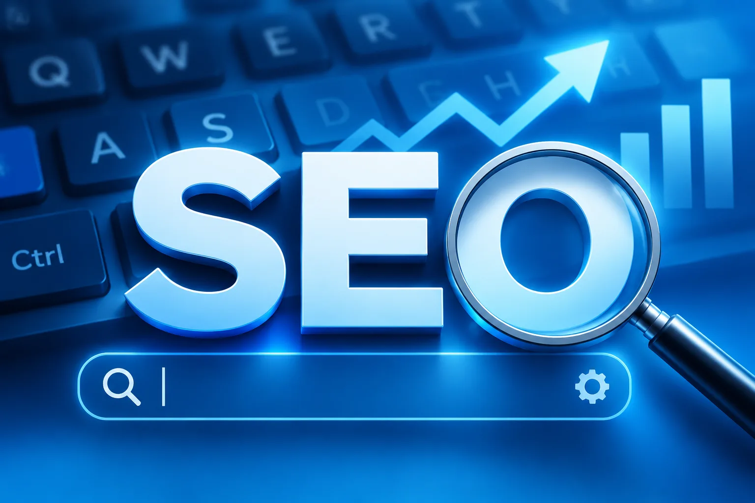 SEO scritta con tastiera sullo sfondo