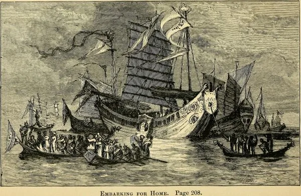 Il viaggio di Marco Polo. che mostra passeggeri su piccole barche a remi che si avvicinano a una grande giunca cinese tradizionale ormeggiata in mare